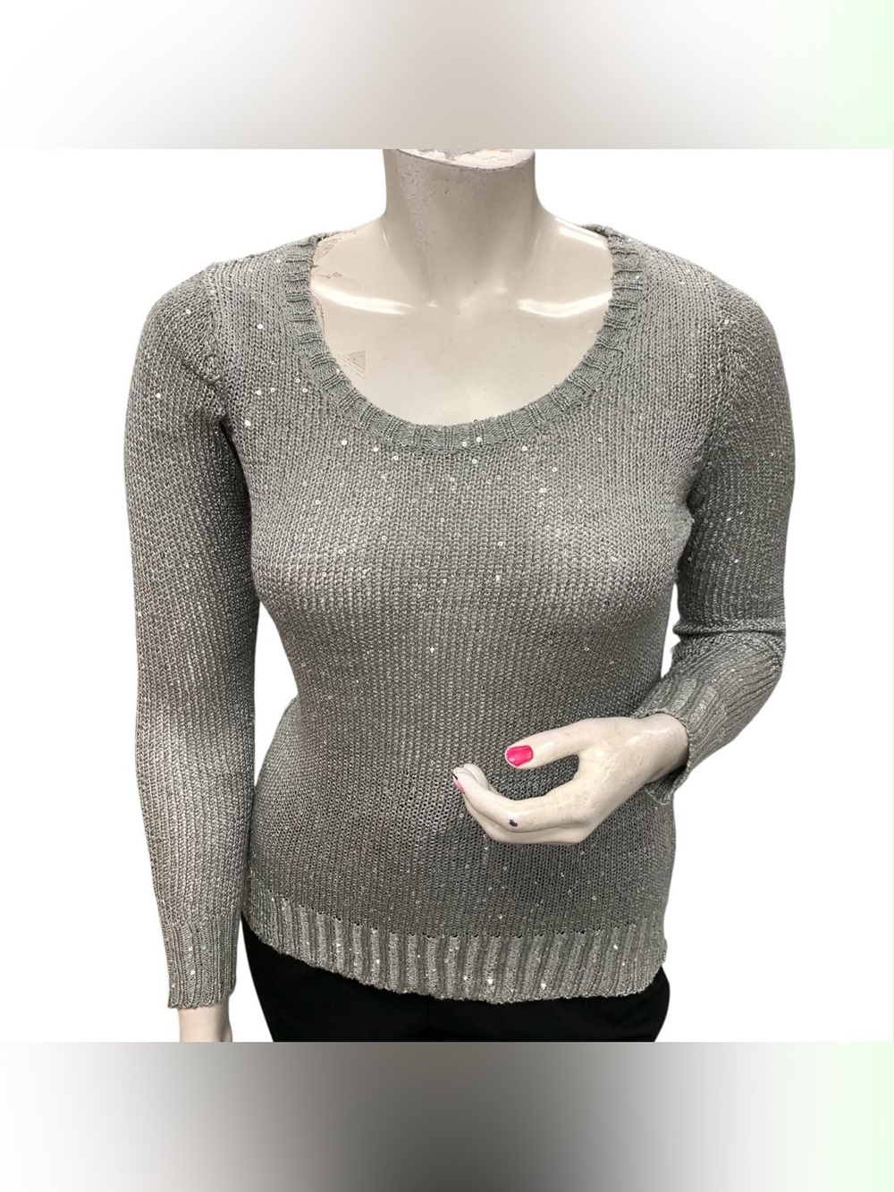Metaphor Silver Scoop Neck Sequin Knit Sweater Size L